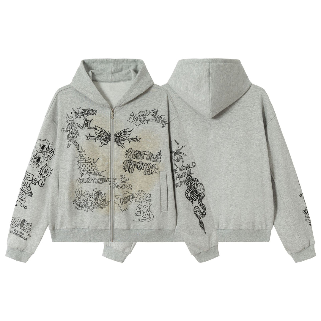 Damen Oversize-Kapuzenjacke mit Reißverschluss, hohem Kragen und grafischen Tattoo-Prints Echoarchiv