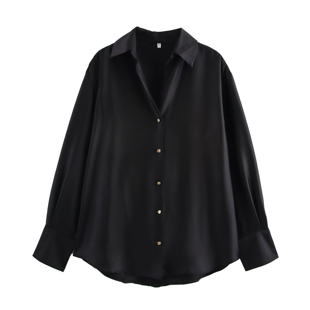 Damen nan oversized Satinbluse mit Hemdkragen, verlängerten Manschetten und abgerundetem Saum Echo Archiv