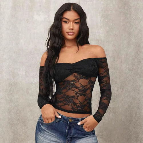 Damen Off-Shoulder Spitzenoberteil mit langen Ärmeln und romantischen Details Echo Archiv