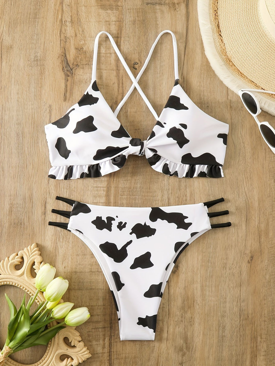 Damen Triangel-Bikini mit franjendetail und verspieltem Kuhmuster Echo Archiv
