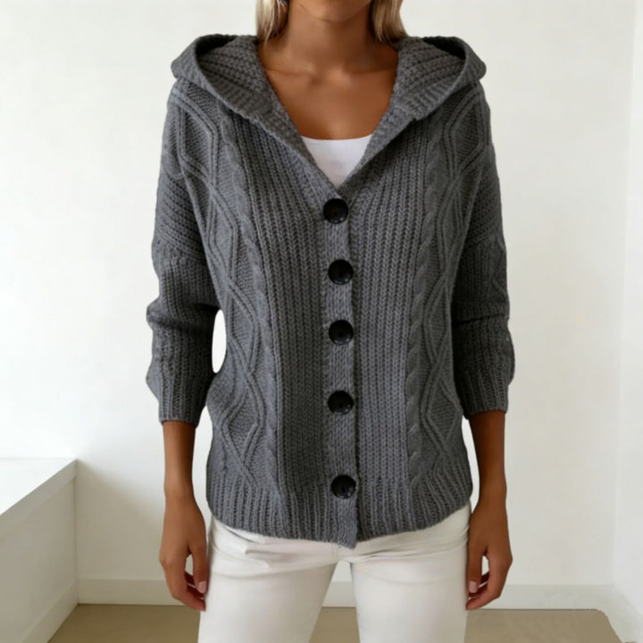 Damen Kapuzen-Cardigan aus grobem Zopfstrick mit Knopfverschluss – Veloura