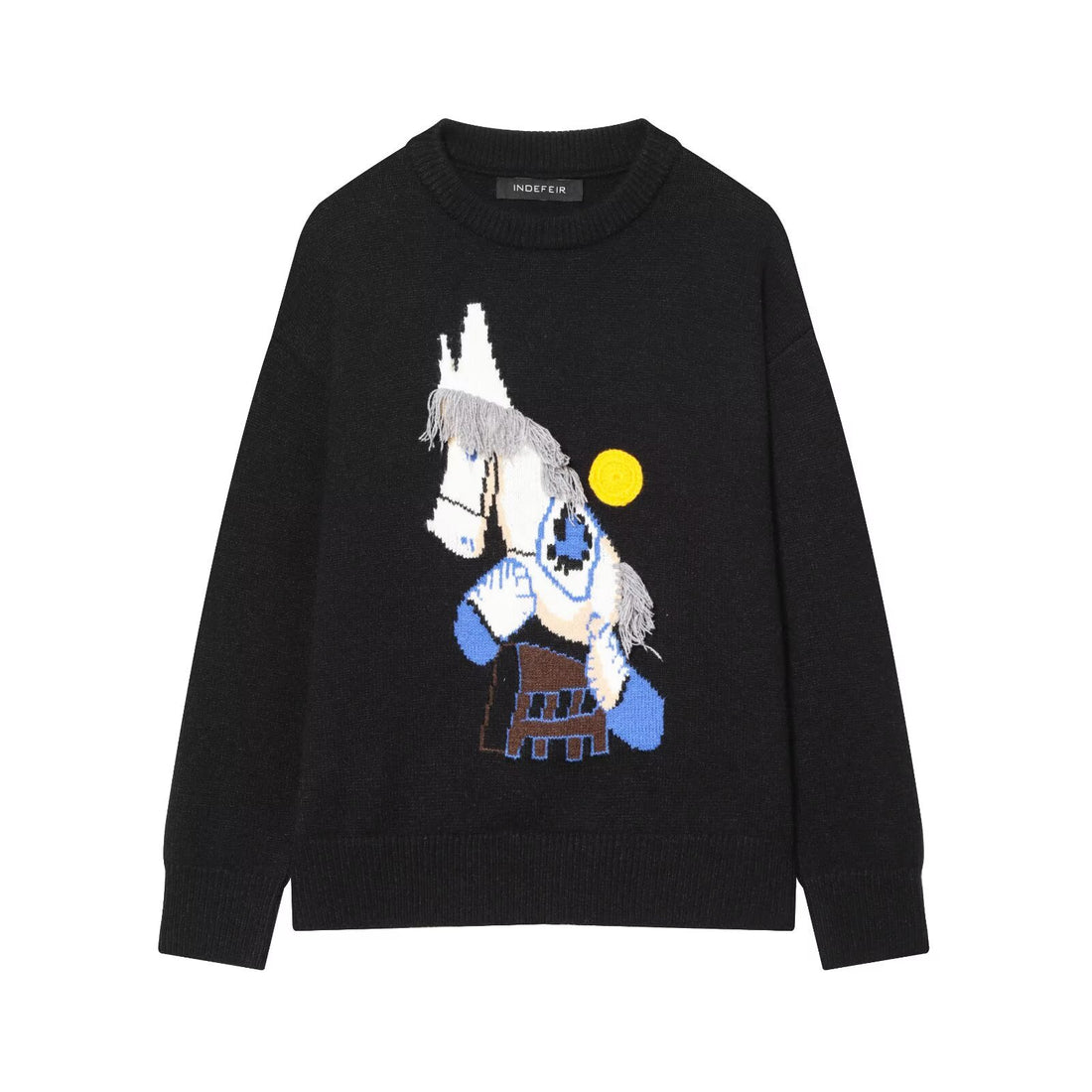 Damen Strickpullover mit Pferde-Motiv und Fransenapplikation, Oversize-Rundhals Echoarchiv