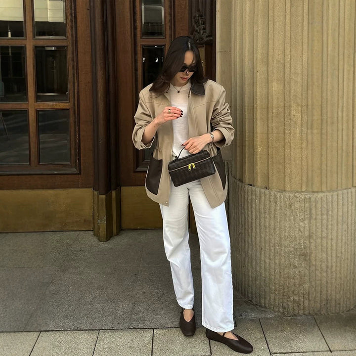 Damen Boxy-Fieldjacke mit kontrastkragen in Lederoptik und aufgesetzten Taschen Echoarchiv