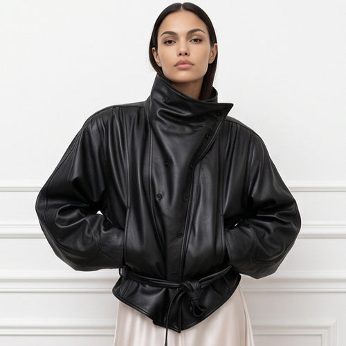 Damen Oversize-Kunstleder-Bomberjacke mit hohem Stehkragen und Taillengürtel Echoarchiv