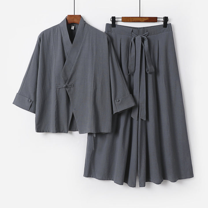 Damen Leichtes Kimono-Loungewear-Set mit V-Ausschnitt dreiviertelärmeln und weiten Palazzo-Hosen Echoarchiv