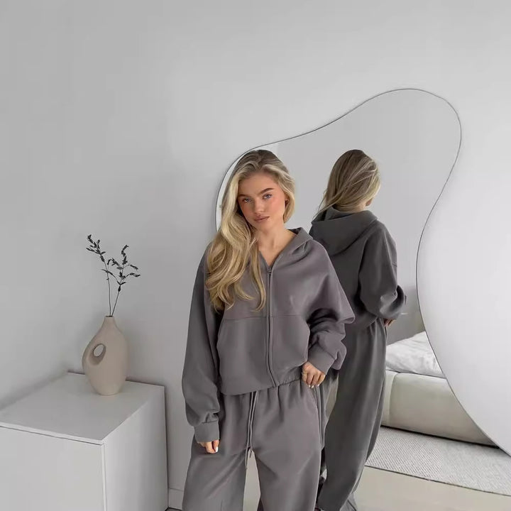 Damen nan cropped Kapuzenjacke mit durchgehendem Reißverschluss und taillenhoher Jogginghose Set Echo Archiv