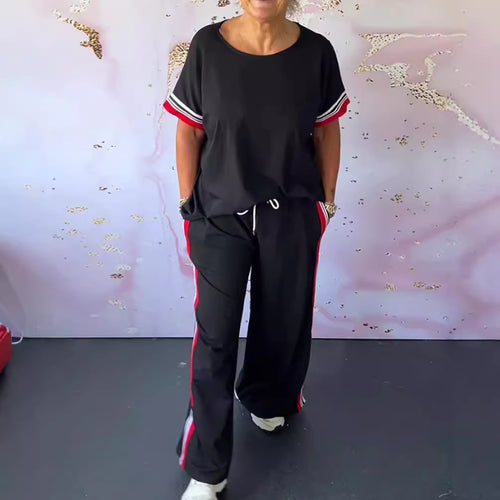 Damen nan sportlich-eleganter Zweiteiler mit kastigem Kurzarmshirt, Tunnelzug-Jogpant und seitlichem Kontraststreifen Echo Archiv