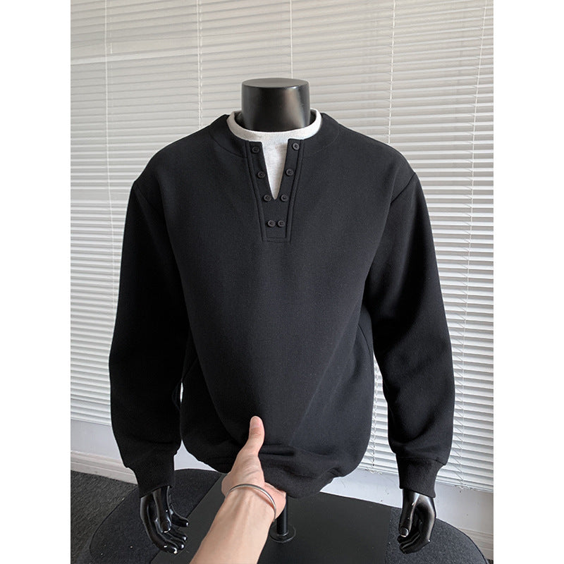Herren Henley-Sweatshirt mit Knopfleiste, Oversize-Schnitt & gerippten Bündchen Echoarchiv