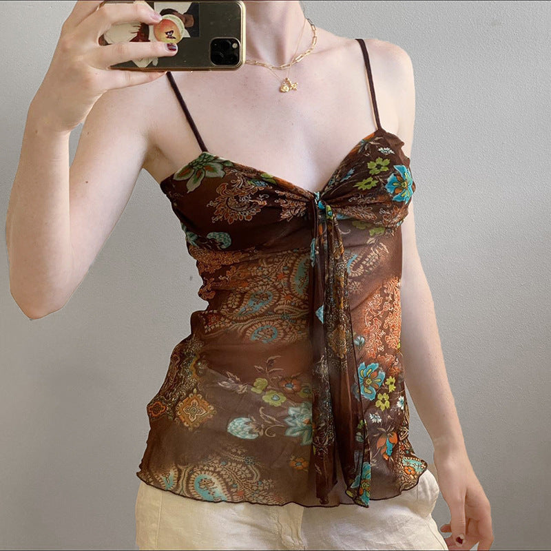 Damen Blumenmuster Spaghetti-Trägertop mit fließendem Design Echo Archiv