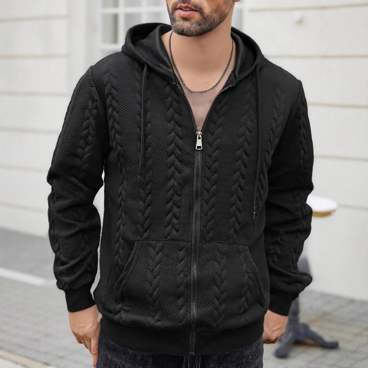 Herren strukturierte Kapuzen-Sweatjacke mit Zopfmuster, durchgehendem Reißverschluss und Kängurutasche – Cavarno