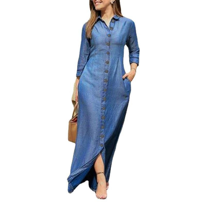 Damen Maxikleid Hemdblusenkleid mit durchgehender Knopfleiste, dreiviertelärmel und Seitentaschen – Avérine