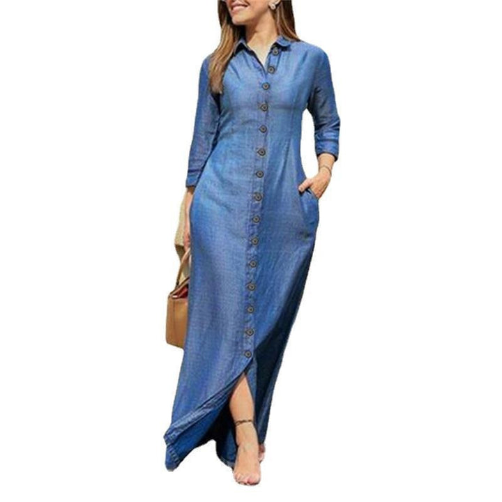 Damen Maxikleid Hemdblusenkleid mit durchgehender Knopfleiste, dreiviertelärmel und Seitentaschen – Avérine