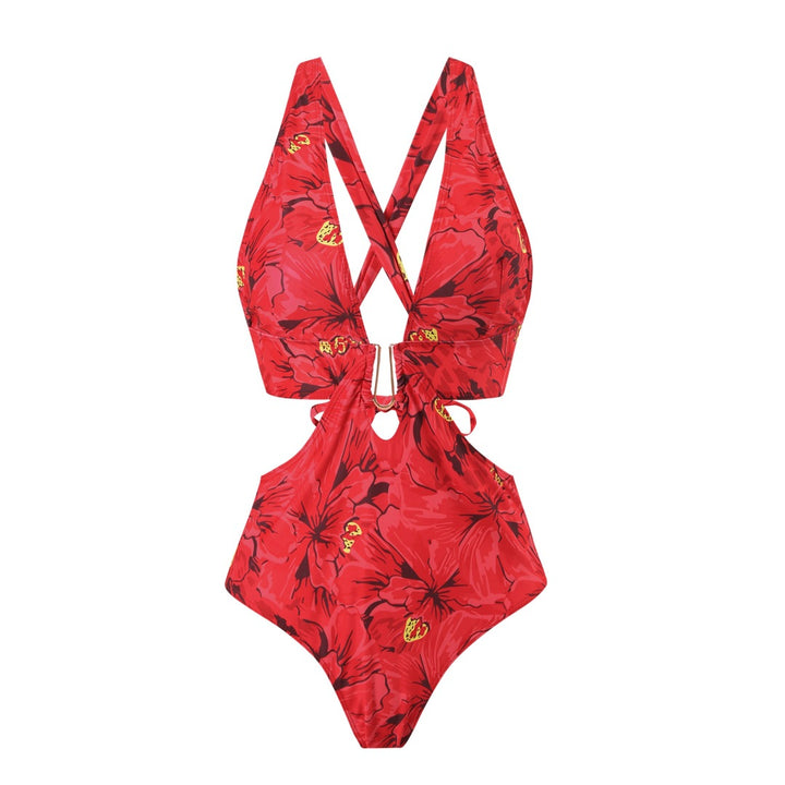 Damen Badeanzug mit floralen Akzenten und passendem Wickelrock Echo Archiv