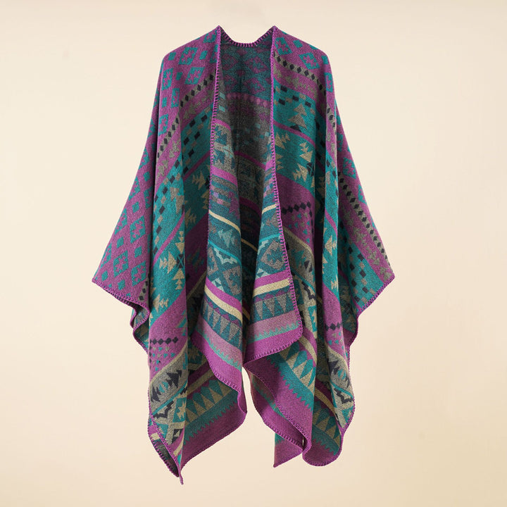 Damen Grobgewebter Ethno-Poncho mit Fransen – Avérine