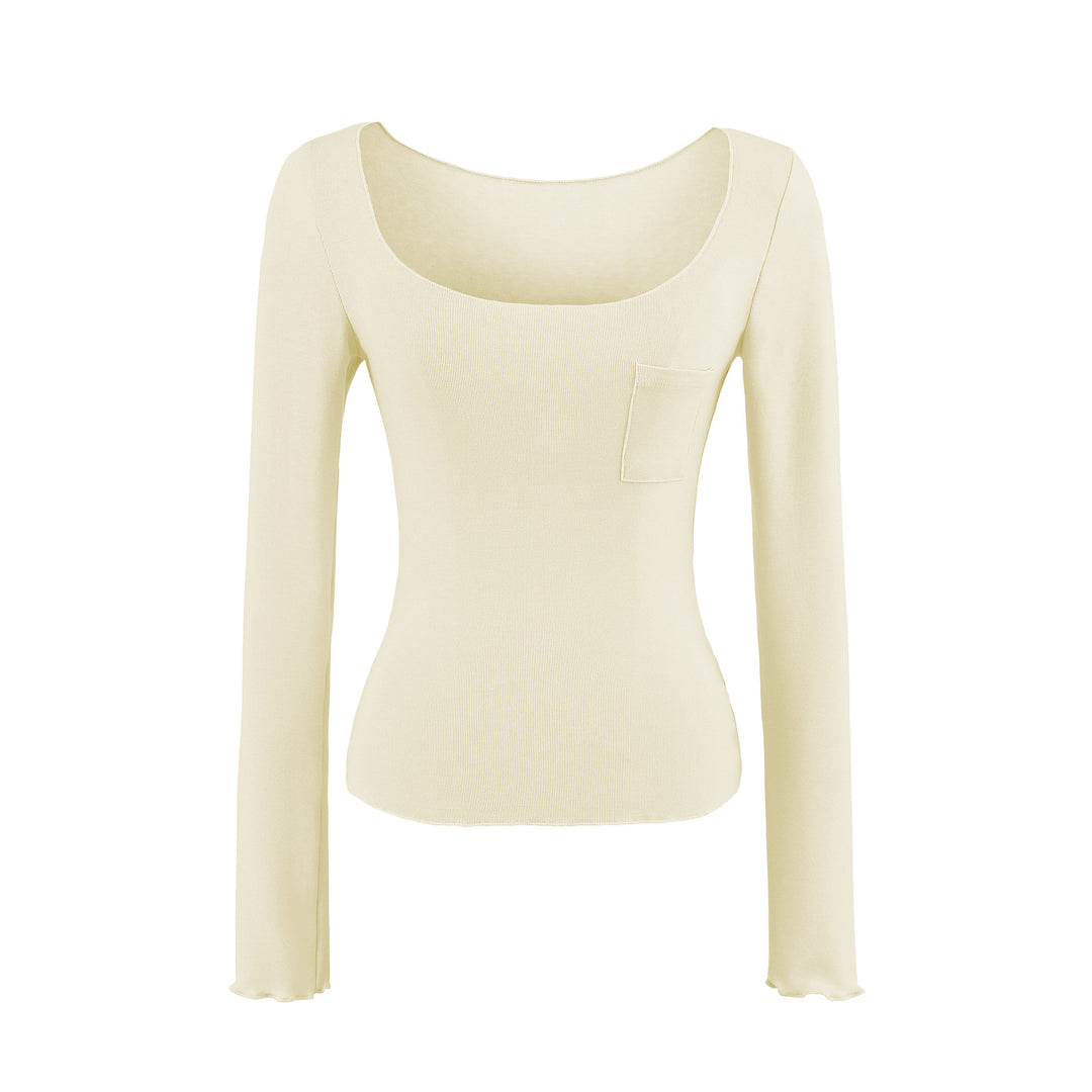 Damen Figurbetontes geripptes Langarmshirt mit weitem Quadrat-Ausschnitt und Brusttasche Echoarchiv