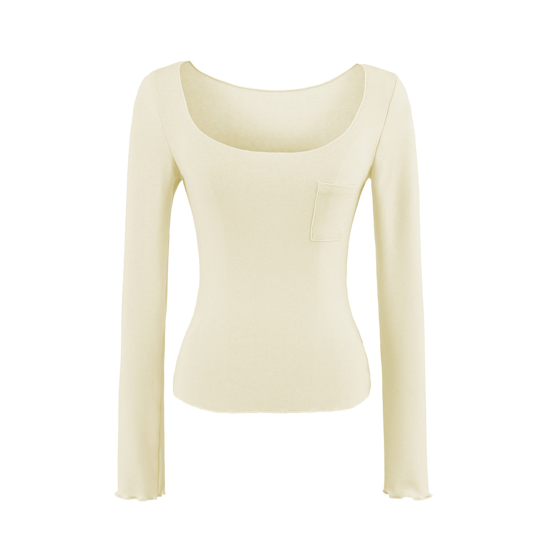 Damen Figurbetontes geripptes Langarmshirt mit weitem Quadrat-Ausschnitt und Brusttasche Echoarchiv