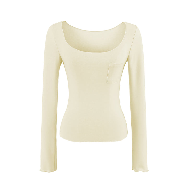 Damen Figurbetontes geripptes Langarmshirt mit weitem Quadrat-Ausschnitt und Brusttasche Echoarchiv