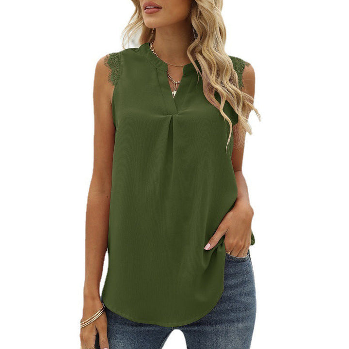 Damen Ärmelloses Blusenshirt mit Elegantem Spitzeneinsatz und Modischen Falten Echoarchiv