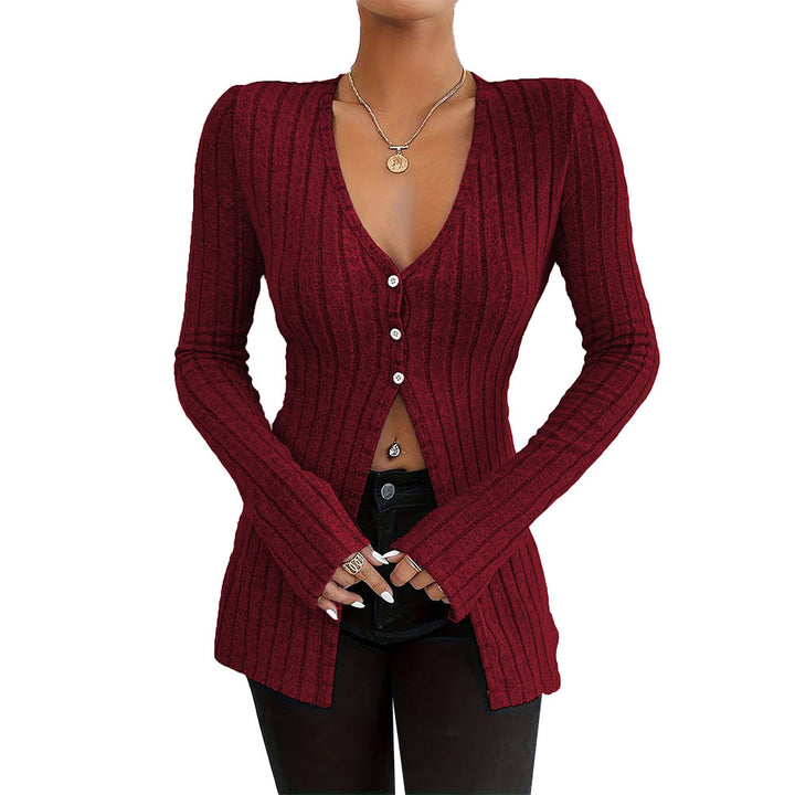 Damen gerippter V-Ausschnitt-Cardigan mit Knopfleiste taillierter Longline-Silhouette – Veloura