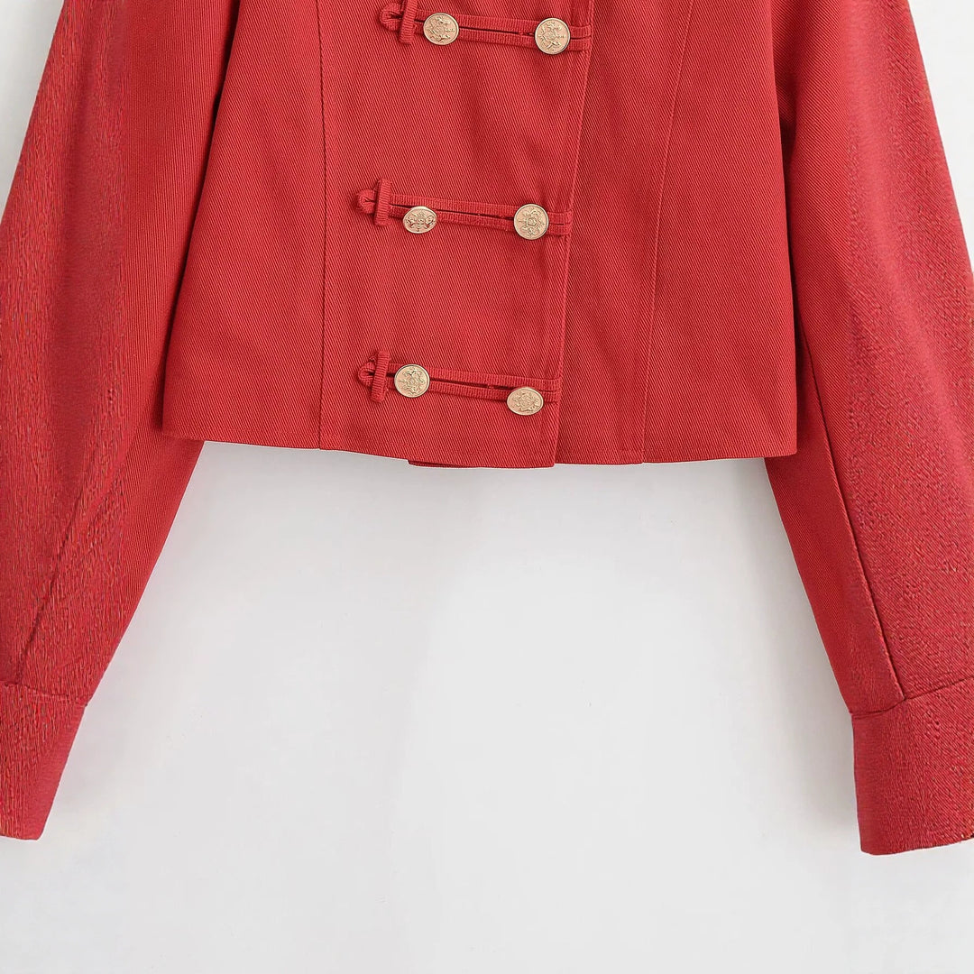 Damen Militärinspirierte Kurzjacke mit Stehkragen, Zierriegeln und goldenen Zierknöpfen Echo Archiv