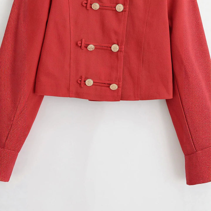 Damen Militärinspirierte Kurzjacke mit Stehkragen, Zierriegeln und goldenen Zierknöpfen Echo Archiv