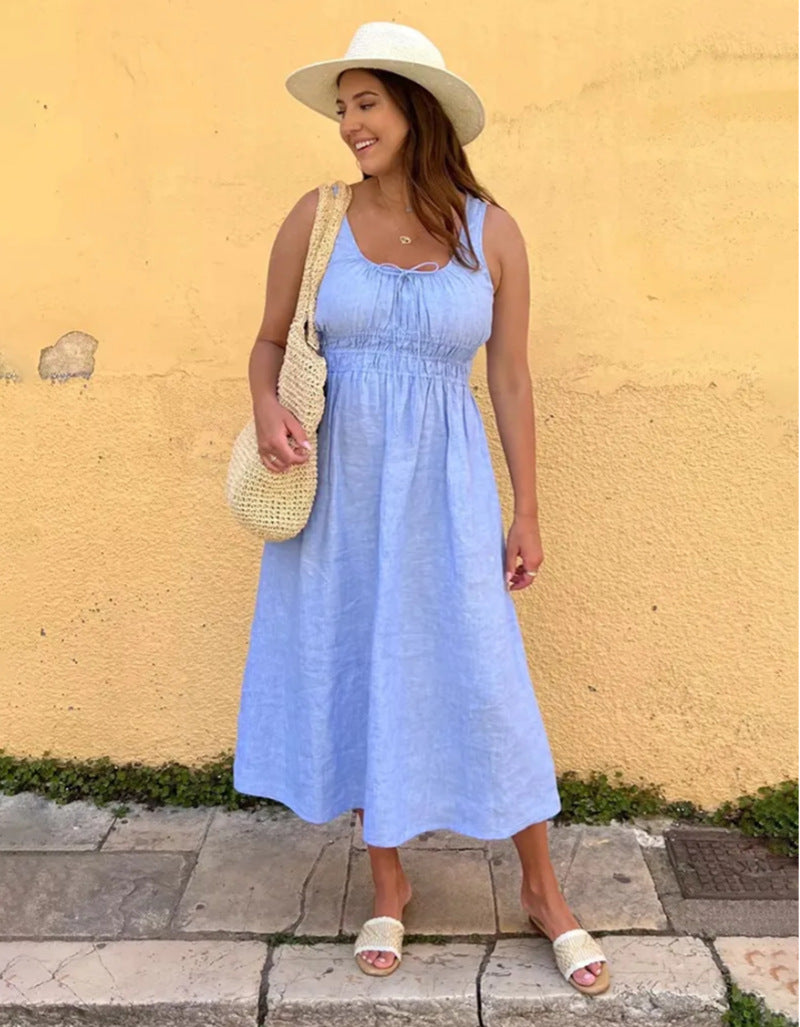 Damen nan midilanges Leinenoptik-Kleid mit Smokoberteil, elastischer Taillenpasse und breiten Trägern Echo Archiv