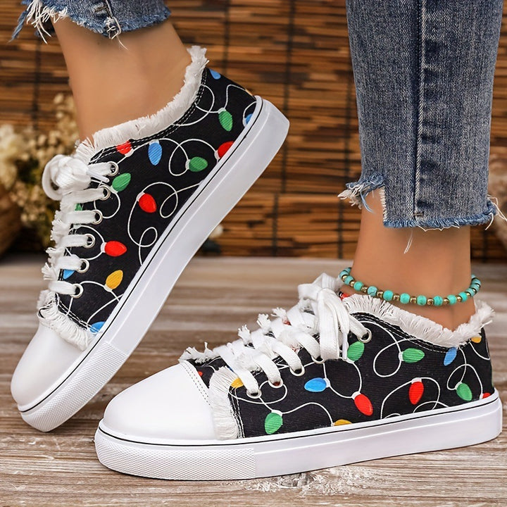 Damen Leinensneaker mit buntem Lichterketten-Print und fransigem Schaft Echo Archiv