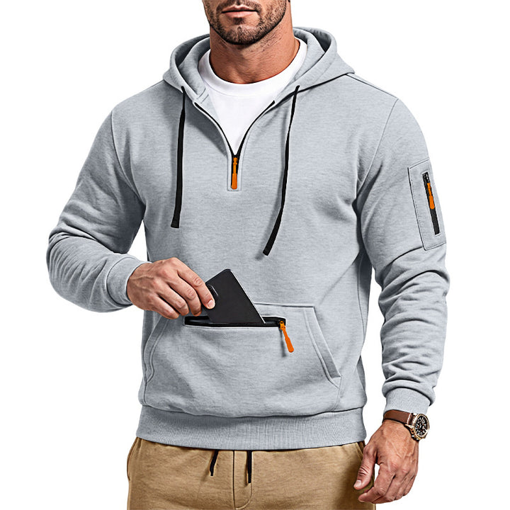 Herren sportlicher Kapuzenpullover mit halbem Reißverschluss und verschließbarer Kängurutasche – Cavarno