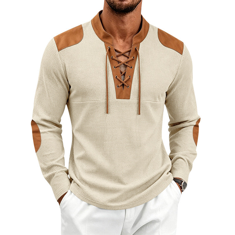Herren Langarm-Waffelshirt mit Schnürkragen und Kunstlederapplikationen – Marzano