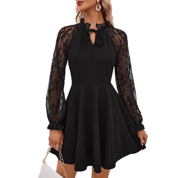 Damen nan tailliertes Skaterkleid mit transparenten Spitzenärmeln Stehkragen und Bindeschleife Echo Archiv