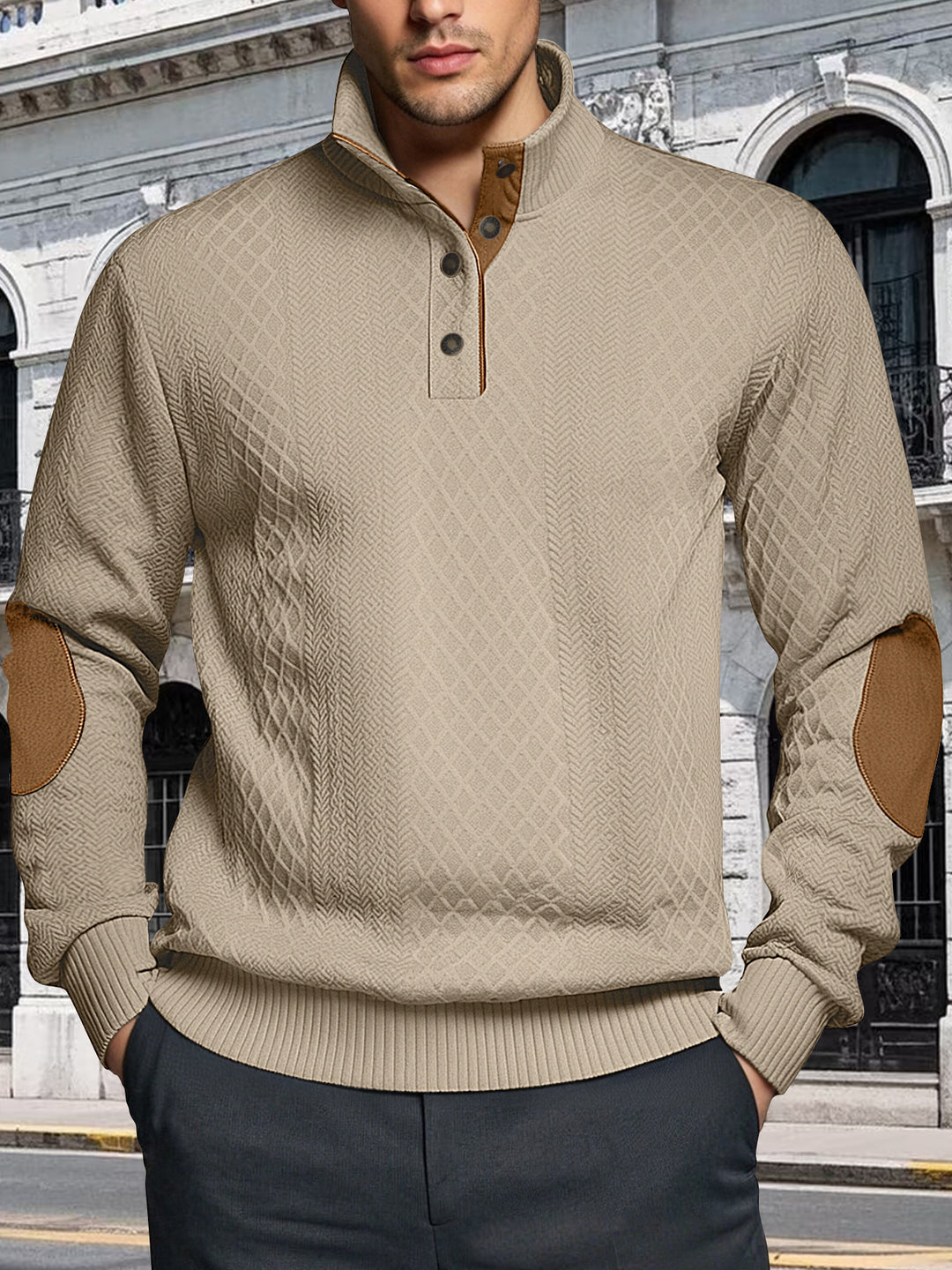 Herren Strickpullover mit strukturiertem Design und Lederpatches Echoarchiv