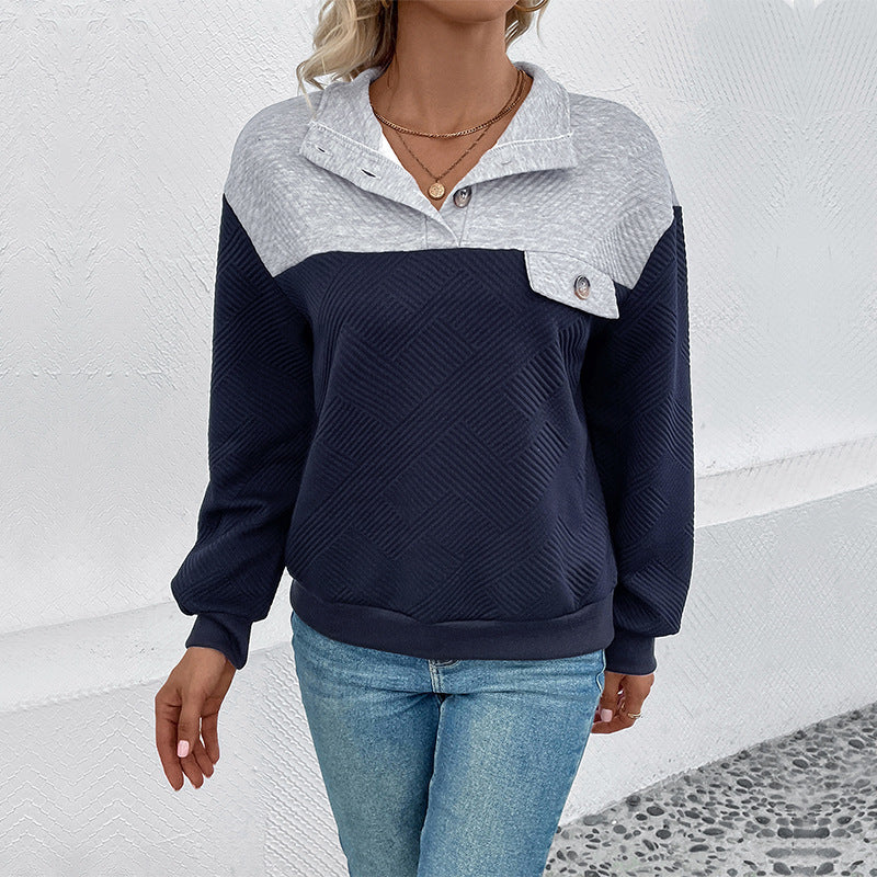 Damen Texturierter Colorblock-Sweatshirtpullover mit Hemdkragen, Knopfdetail und Strukturstrick Echoarchiv