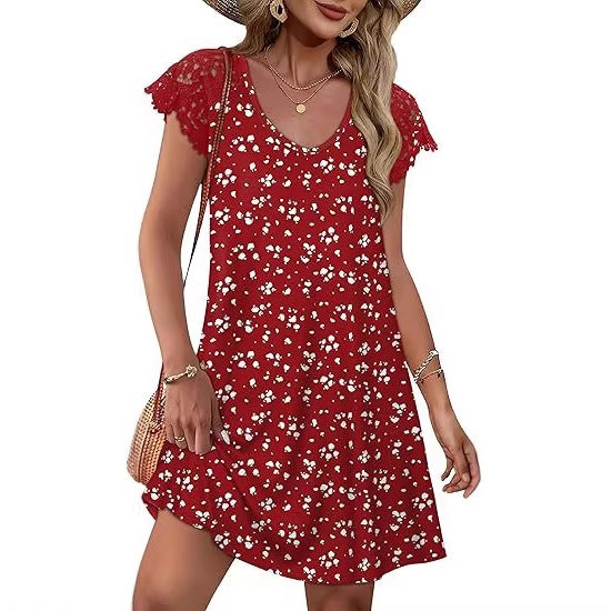 Damen Sommerkleid mit eleganten Spitzenärmeln und floralem Muster Echo Archiv