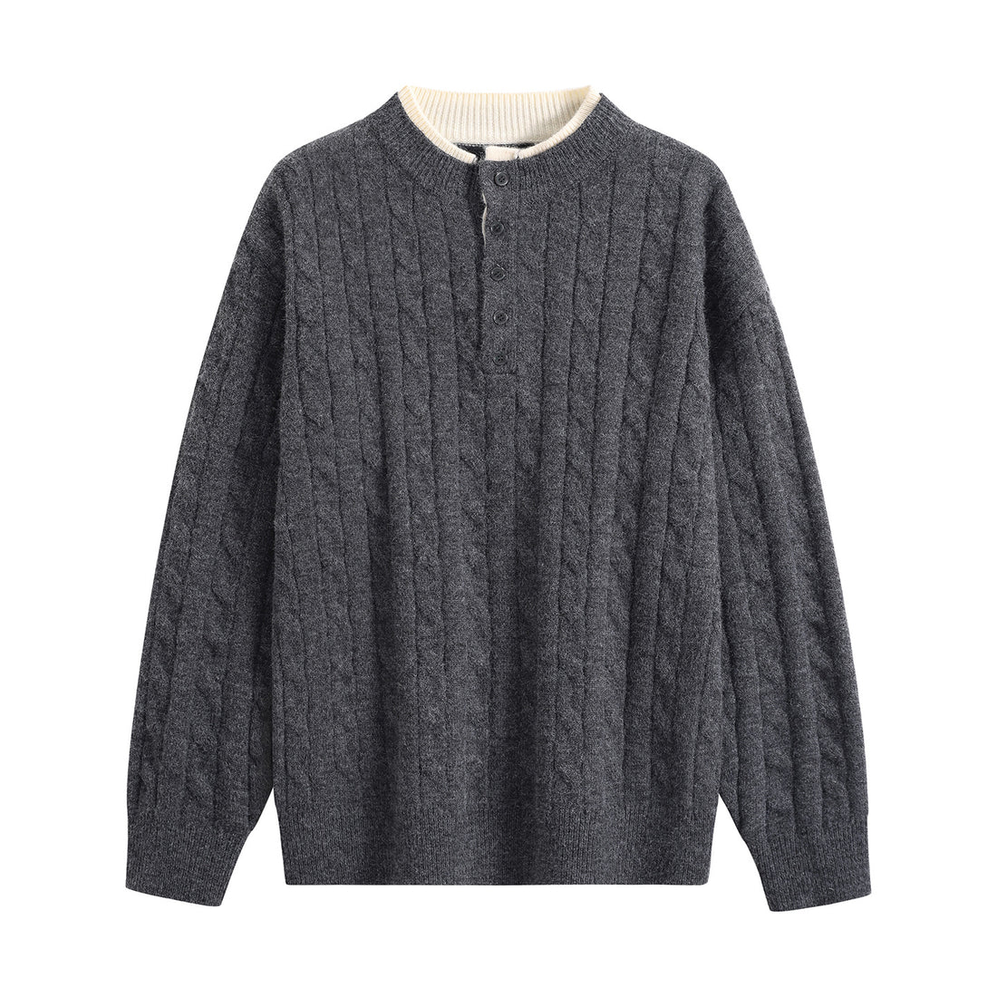 Unisex Oversize Zopfstrick-Henley-Pullover mit Knopfleiste und geripptem Saum Echoarchiv