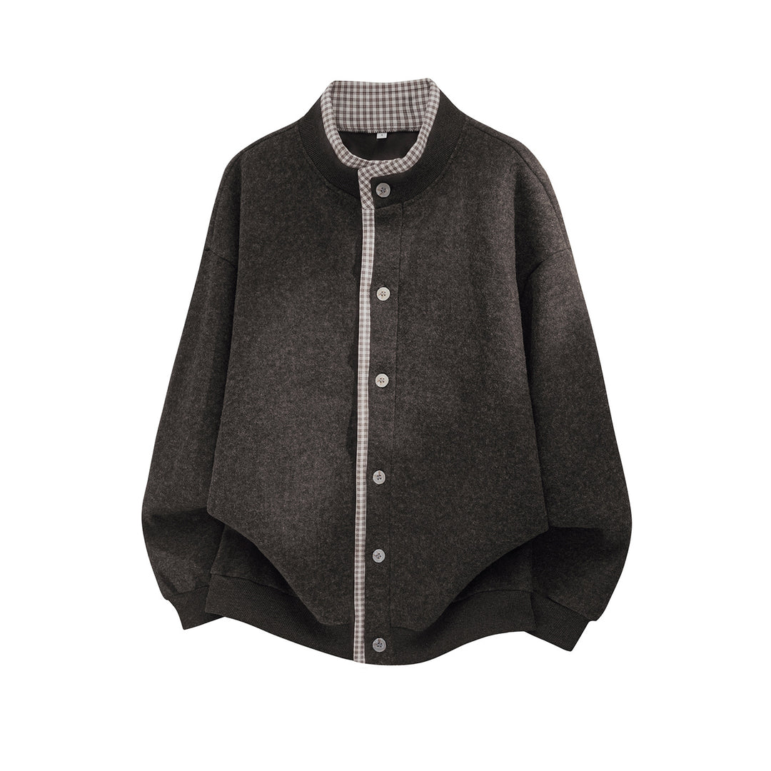 Unisex Oversize Wollmix-Cardigan-Jacke mit Karo-Einfassung und Stehkragen Echo Archiv