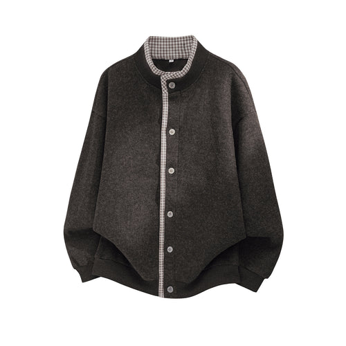 Unisex Oversize Wollmix-Cardigan-Jacke mit Karo-Einfassung und Stehkragen Echo Archiv