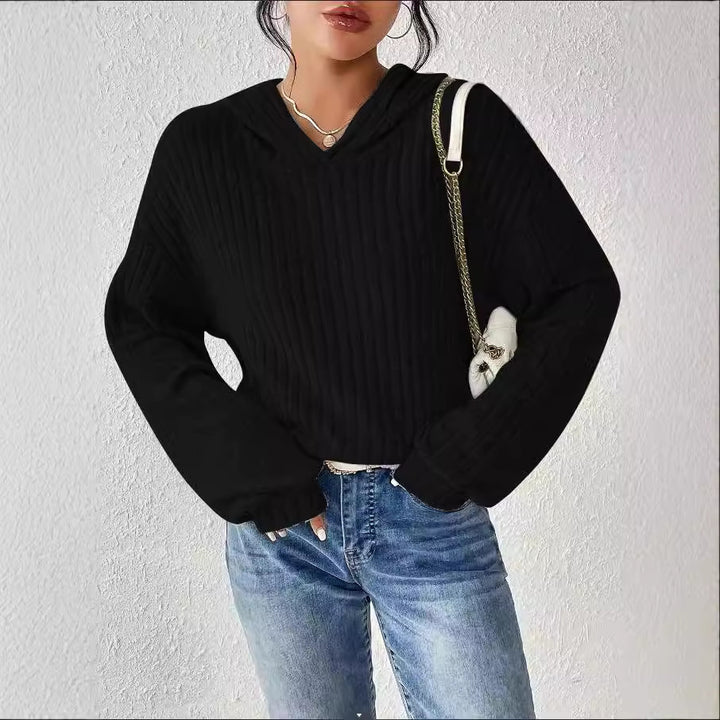Damen Gerippter Hoodie-Pullover mit Kapuze und legerer Cropped-Silhouette Echoarchiv