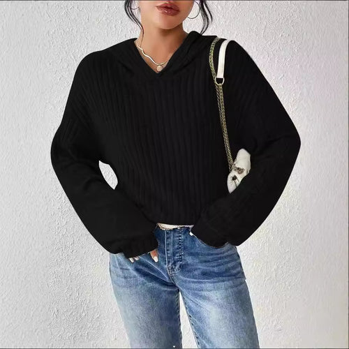 Damen Gerippter Hoodie-Pullover mit Kapuze und legerer Cropped-Silhouette Echoarchiv