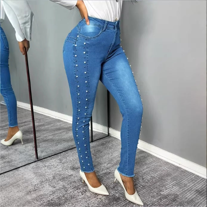 Damen Figurformende hochtaillierte Skinny-Jeans mit seitlicher Perlenzier Echo Archiv
