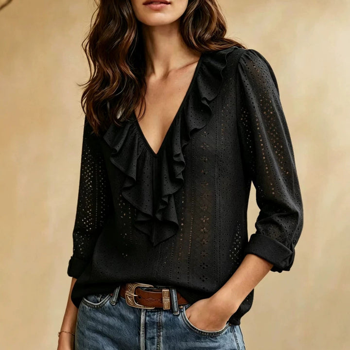Damen luftige Ajourspitzenbluse mit V-Ausschnitt und Volant – Élovi