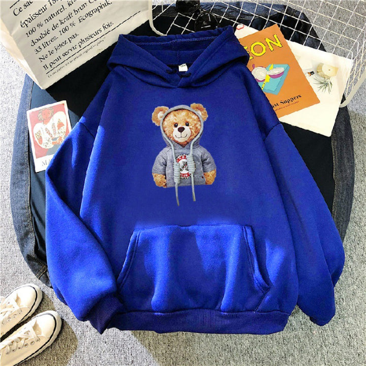 Unisex lässiger Oversize Kapuzenpullover mit Teddy-Frontprint, Kängurutasche und weichem Fleece-Innenfutter – Auréline