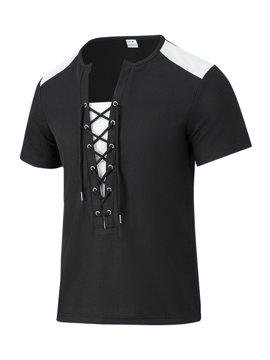Herren Kurzarm-Henley-Shirt mit modischem Schnürdesign Echoarchiv