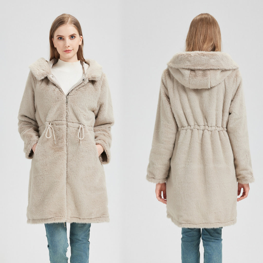Damen langer Parka mit abnehmbarer Kunstfellkapuze und taillenverstellendem Kordelzug – Montévia