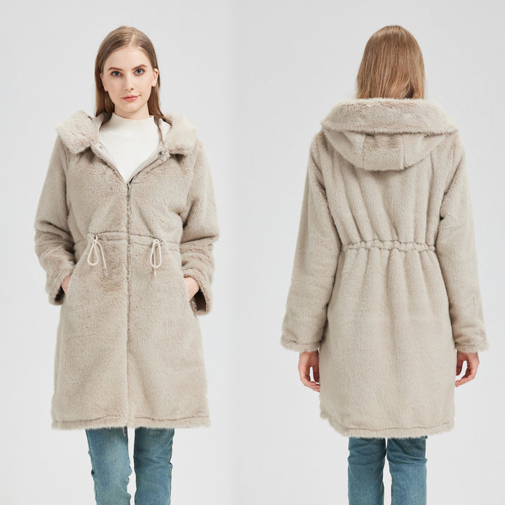 Damen langer Parka mit abnehmbarer Kunstfellkapuze und taillenverstellendem Kordelzug – Montévia