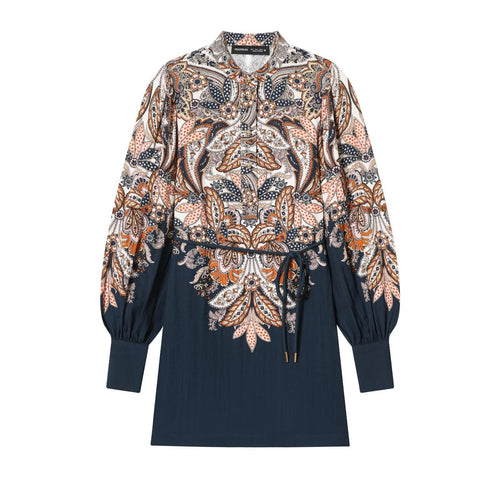 Damen Boho-Tunika‑Midikleid mit Paisley‑Print, Ballonärmeln und Tunnelzug Echoarchiv