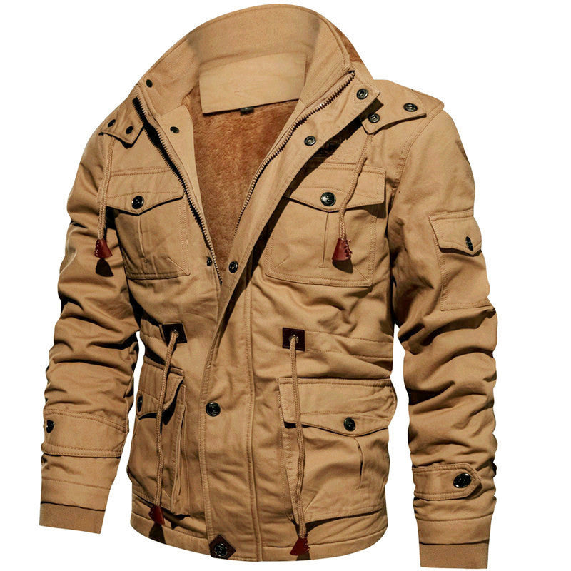 Herren Canvas-Fieldjacke mit Teddyfutter, Kapuze und Multifunktions-Taschen Echoarchiv