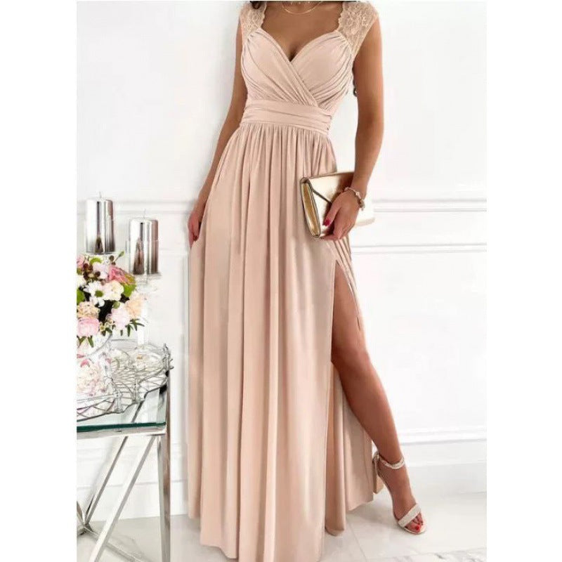 Damen Maxikleid mit Raffiniertem V-Ausschnitt und Hohem Schlitz Echoarchiv
