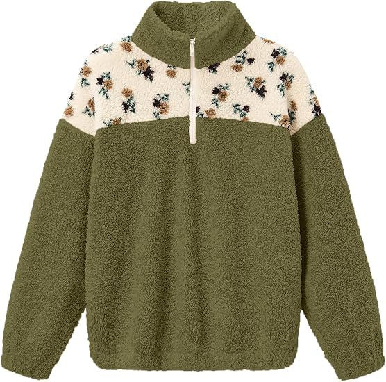 Damen Teddy-Fleece-Pullover mit Stehkragen, floralem Besatz und halbem Reißverschluss Echoarchiv
