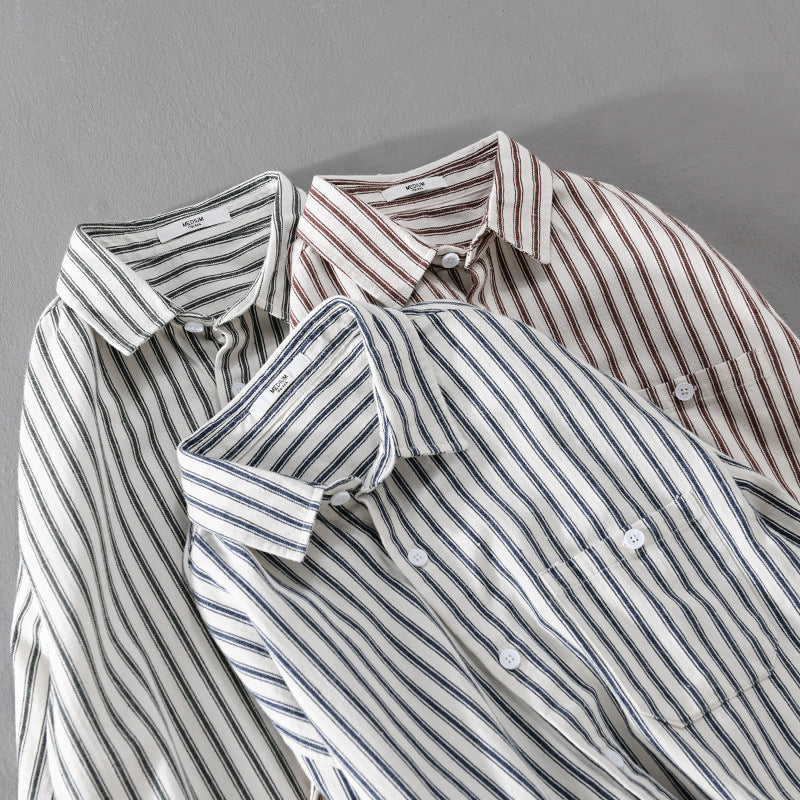 Herren Leichtes gestreiftes Layering-Overshirt aus Leinen-Baumwollmix mit Brusttasche und abgerundetem Saum Echoarchiv