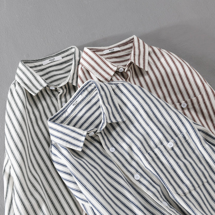 Herren Leichtes gestreiftes Layering-Overshirt aus Leinen-Baumwollmix mit Brusttasche und abgerundetem Saum Echoarchiv